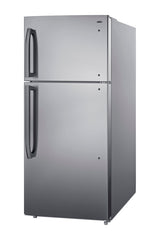 Accucold Full-size top mount refrigerator-freezer in stainless steel look with icemaker (Model CTR18PLIM)