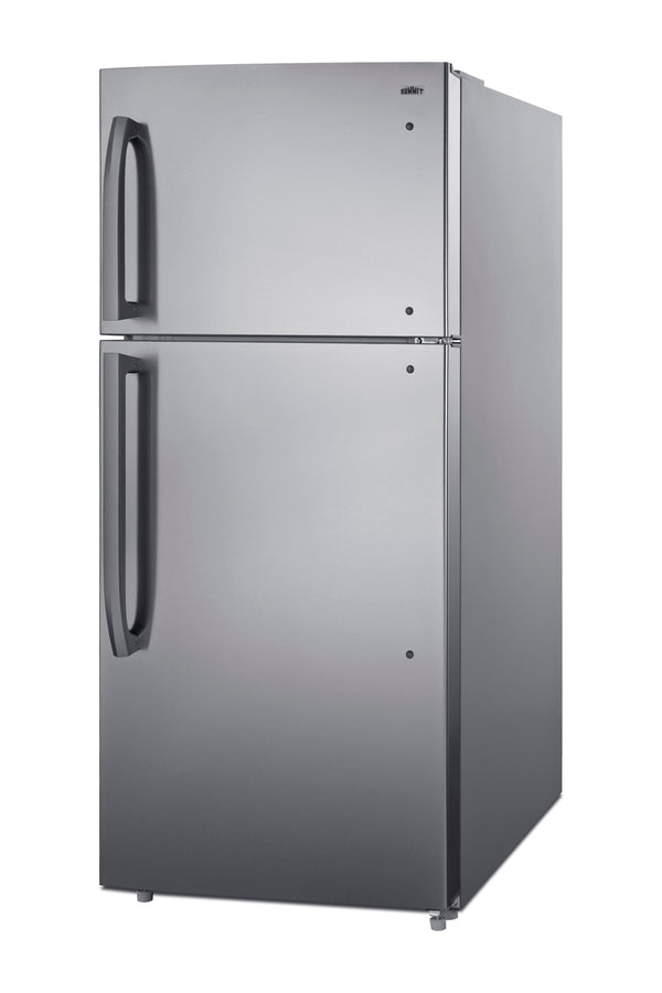 Accucold Full-size top mount refrigerator-freezer in stainless steel look with icemaker (Model CTR18PLIM)