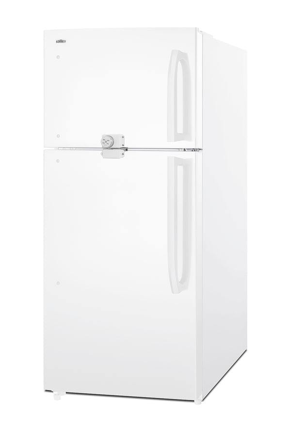 Full-size top mount refrigerator-freezer in white with front combination lock (Model CTR18WLLF2LHD)