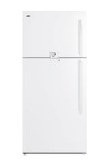 Full-size top mount refrigerator-freezer in white with front combination lock (Model CTR18WLLF2LHD)