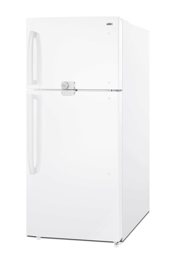Accucold Full-size top mount refrigerator-freezer in white with front combination lock (Model CTR18WLLF2)