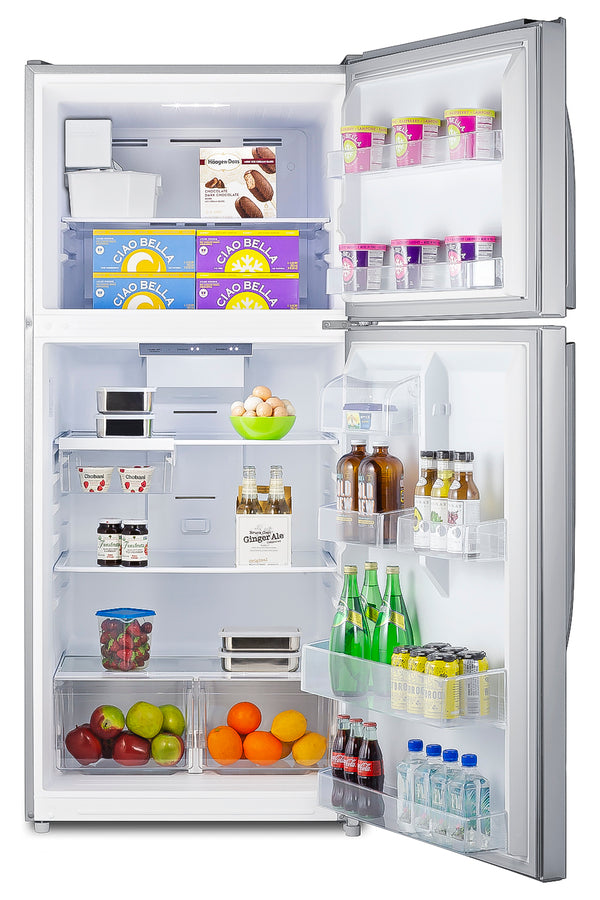 Accucold Full-size top mount refrigerator-freezer with icemaker in stainless steel