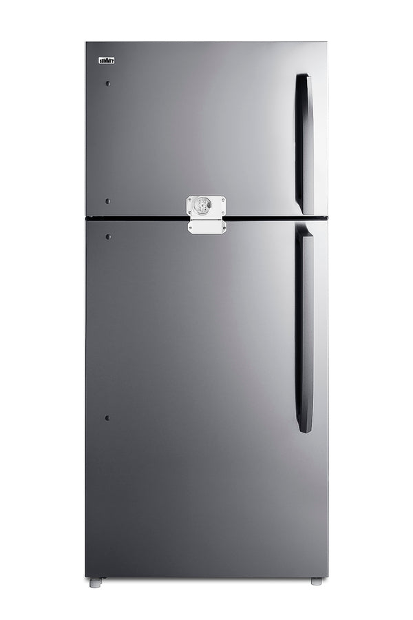 Full-size top mount refrigerator-freezer with combination lock in stainless steel (Model CTR21PLLLF2LHD)
