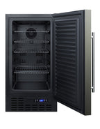 18" wide ADA compliant built-in undercounter all-refrigerator with a black stainless steel door, black cabinet, digital,