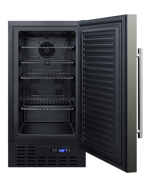 18" wide ADA compliant built-in undercounter all-refrigerator with a black stainless steel door, black cabinet, digital,