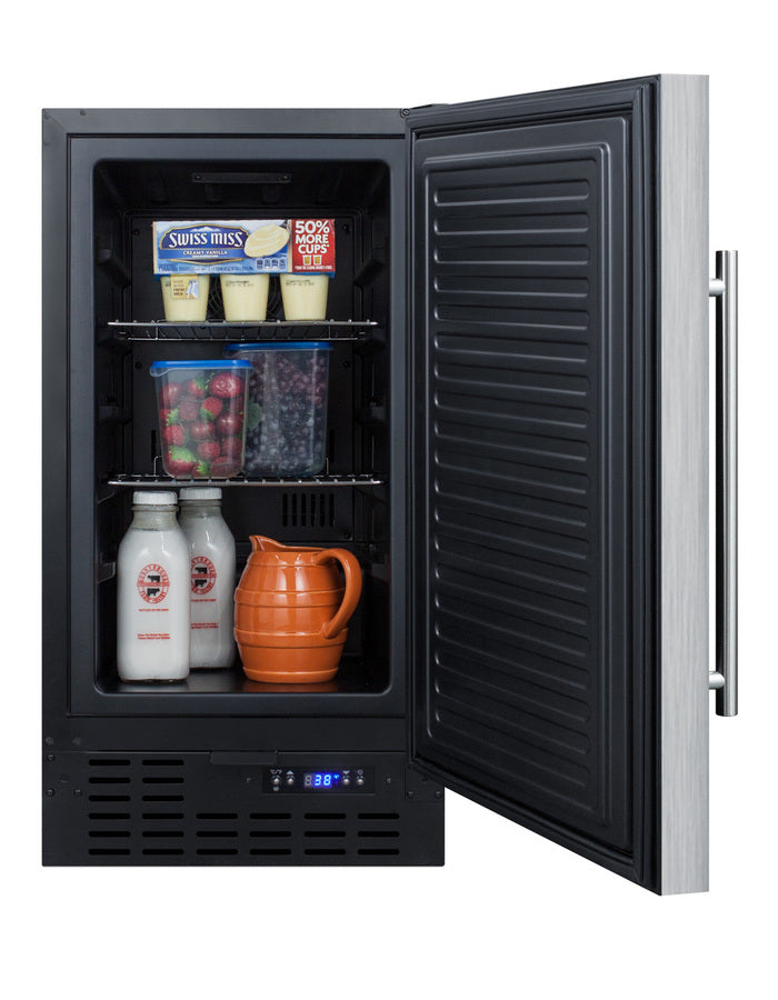 18" wide ADA compliant built-in undercounter all-refrigerator with a stainless steel door, black cabinet, digital thermo