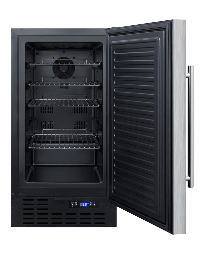 18" wide ADA compliant built-in undercounter all-refrigerator with a stainless steel door, black cabinet, digital thermo