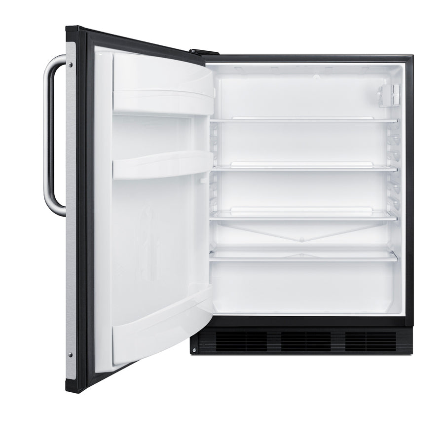 Accucold 24" wide European solid door commercial beverage zone all-refrigerator in black – FF6BK7BZLHD - Open