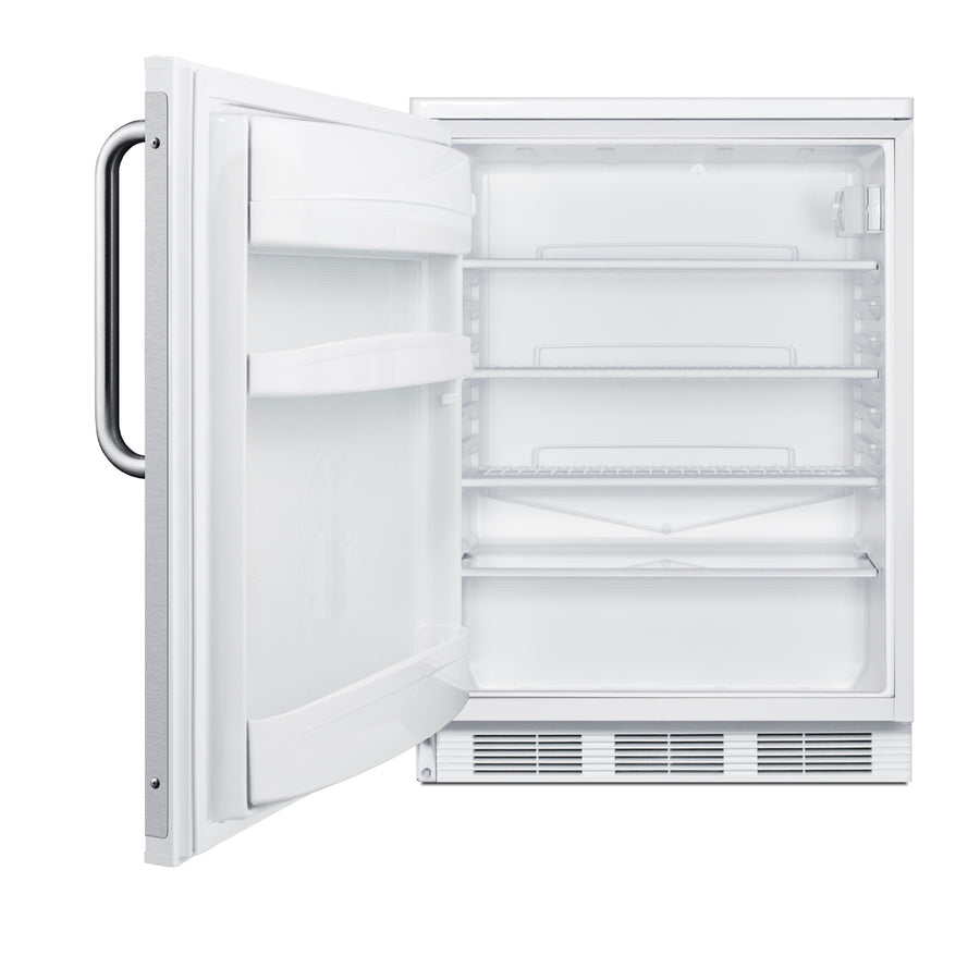 Accucold 24" wide European solid door commercial beverage zone all-refrigerator in white – FF6W7BZLHD - Open