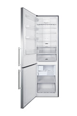 European counter depth bottom freezer refrigerator with icemaker, stainless steel doors, platinum cabinet, and digital c