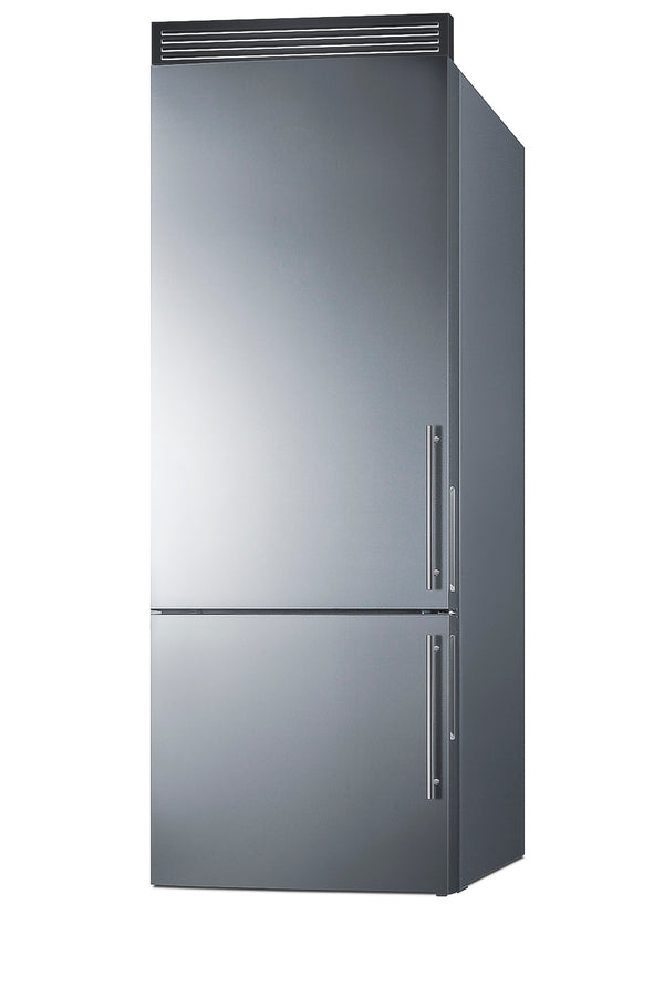 Accucold ENERGY STAR certified frost-free bottom freezer refrigerator with front handles and grill to raise height to 72" (Model FFBF279SSXH72LHD)