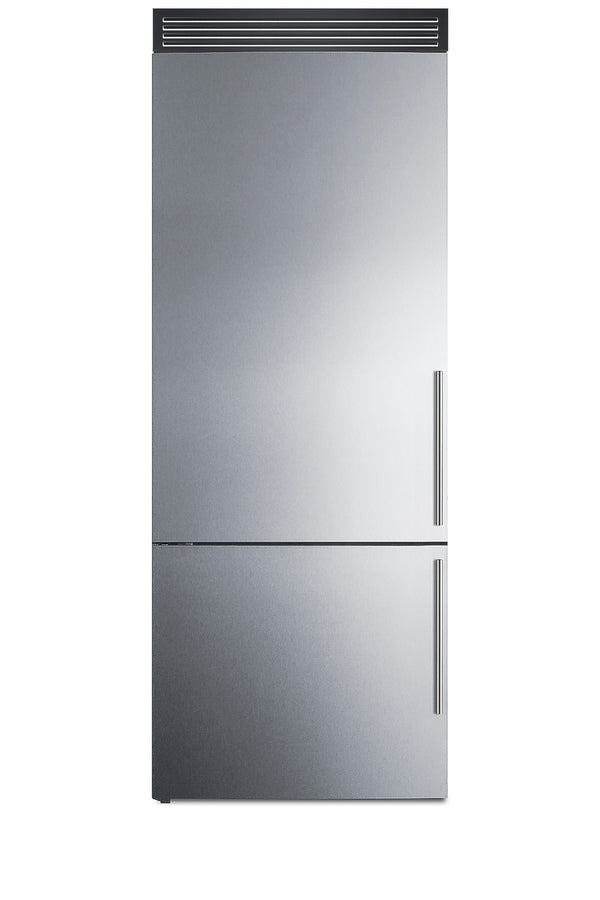 Accucold ENERGY STAR certified frost-free bottom freezer refrigerator with front handles and grill to raise height to 72" (Model FFBF279SSXH72LHD)