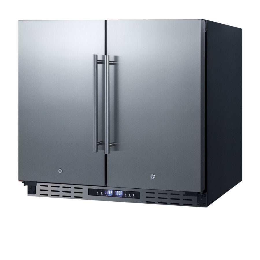 36" wide ADA height frost-free side-by-side undercounter refrigerator-freezer black cabinet, stainless steel doors, and