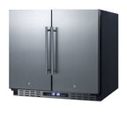 36" wide ADA height frost-free side-by-side undercounter refrigerator-freezer black cabinet, stainless steel doors, and