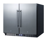 36" wide ADA height frost-free side-by-side undercounter refrigerator-freezer black cabinet, stainless steel doors, and