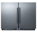 36" wide ADA height frost-free side-by-side undercounter refrigerator-freezer black cabinet, stainless steel doors, and