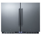 36" wide ADA height frost-free side-by-side undercounter refrigerator-freezer black cabinet, stainless steel doors, and