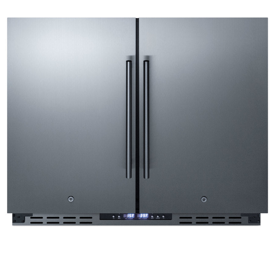 36" wide ADA height frost-free side-by-side undercounter refrigerator-freezer black cabinet, stainless steel doors, and