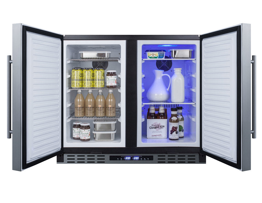 36" wide ADA height frost-free side-by-side undercounter refrigerator-freezer black cabinet, stainless steel doors, and
