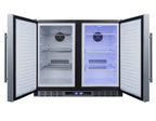 36" wide ADA height frost-free side-by-side undercounter refrigerator-freezer black cabinet, stainless steel doors, and