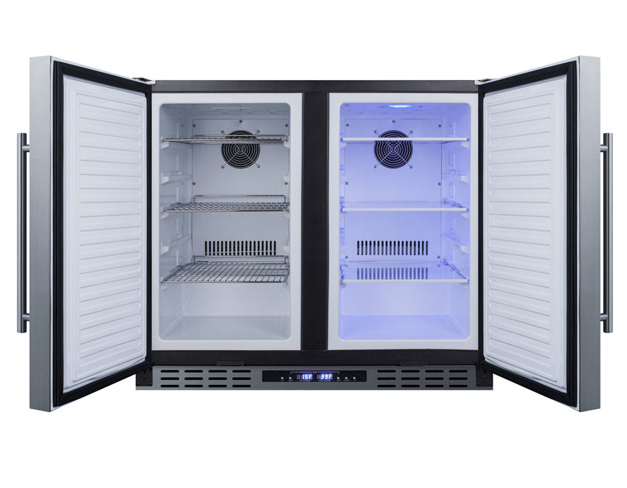 36" wide ADA height frost-free side-by-side undercounter refrigerator-freezer black cabinet, stainless steel doors, and