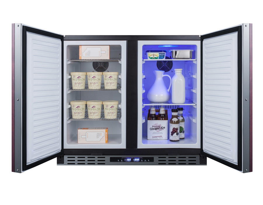 Accucold 36" wide ADA height frost-free side-by-side undercounter refrigerator-freezer black cabinet, panel-ready doors, and digi