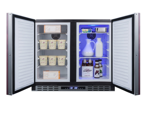 Accucold 36" wide ADA height frost-free side-by-side undercounter refrigerator-freezer black cabinet, panel-ready doors, and digi