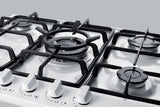 Accucold 5-burner gas cooktop made in Italy in white finish with sealed burners, cast iron grates, wok stand, and stainless steel