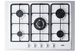 Accucold 5-burner gas cooktop made in Italy in white finish with sealed burners, cast iron grates, wok stand, and stainless steel