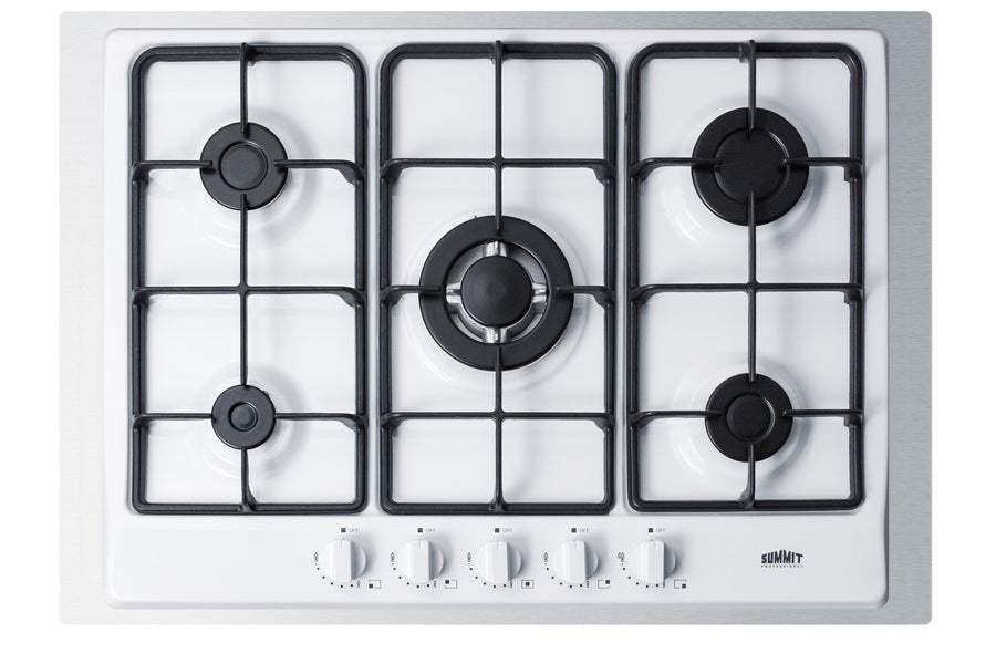 Accucold 5-burner gas cooktop made in Italy in white finish with sealed burners, cast iron grates, wok stand, and stainless steel