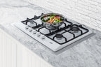 Accucold 5-burner gas cooktop made in Italy in white finish with sealed burners, cast iron grates, wok stand, and stainless steel