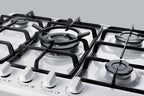 Accucold 5-burner gas cooktop made in Italy in a white finish with sealed burners, cast iron grates, and wok stand; fits standard