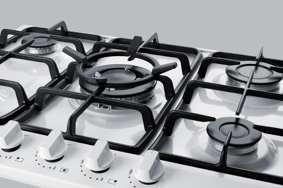 Accucold 5-burner gas cooktop made in Italy in a white finish with sealed burners, cast iron grates, and wok stand; fits standard