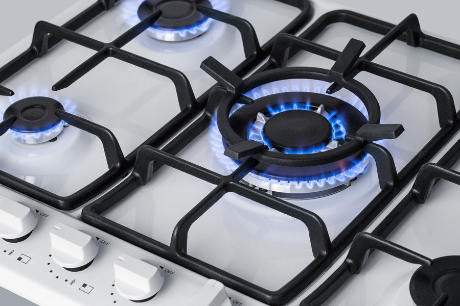 Accucold 5-burner gas cooktop made in Italy in a white finish with sealed burners, cast iron grates, and wok stand; fits standard
