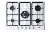 Accucold 5-burner gas cooktop made in Italy in a white finish with sealed burners, cast iron grates, and wok stand; fits standard