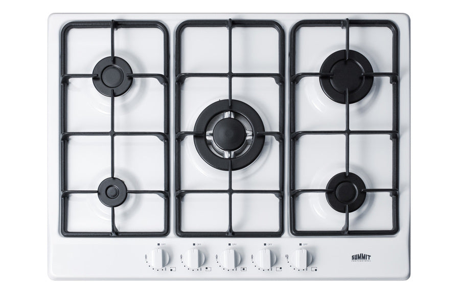 Accucold 5-burner gas cooktop made in Italy in a white finish with sealed burners, cast iron grates, and wok stand; fits standard