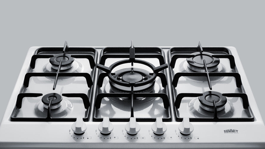 Accucold 5-burner gas cooktop made in Italy in a white finish with sealed burners, cast iron grates, and wok stand; fits standard