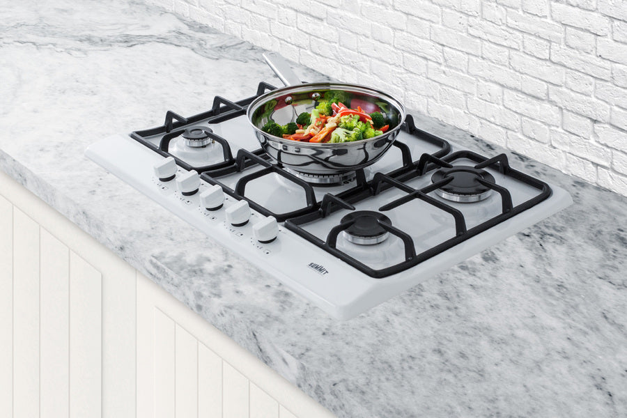 Accucold 5-burner gas cooktop made in Italy in a white finish with sealed burners, cast iron grates, and wok stand; fits standard