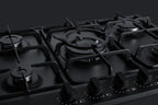 Accucold 5-burner gas cooktop made in Italy in black matte finish with sealed burners, cast iron grates, wok stand, and stainless