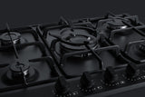 Accucold 5-burner gas cooktop made in Italy in black matte finish with sealed burners, cast iron grates, wok stand, and stainless