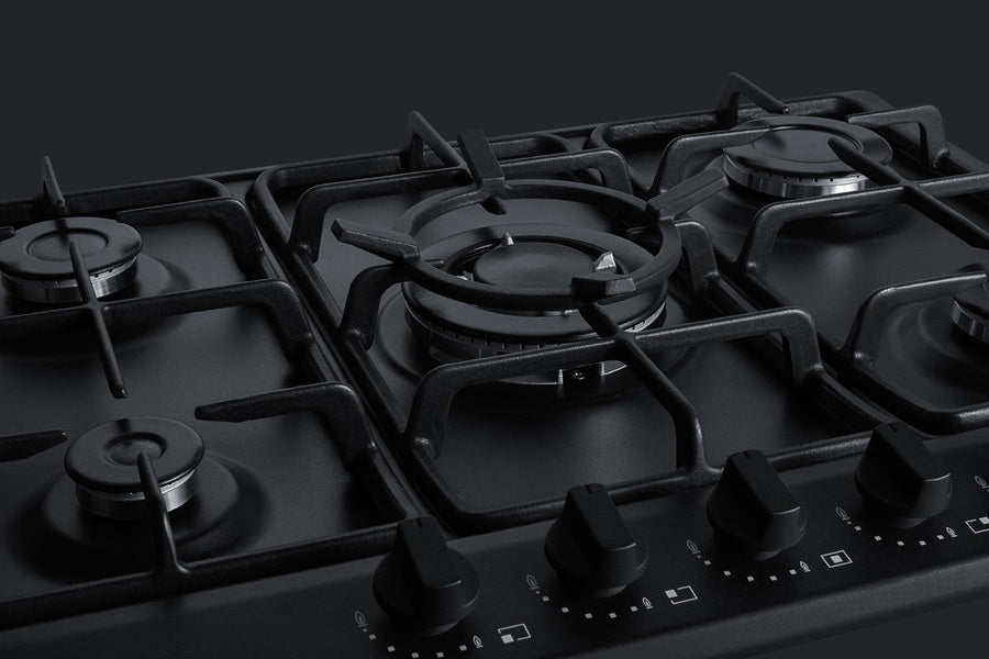 Accucold 5-burner gas cooktop made in Italy in black matte finish with sealed burners, cast iron grates, wok stand, and stainless