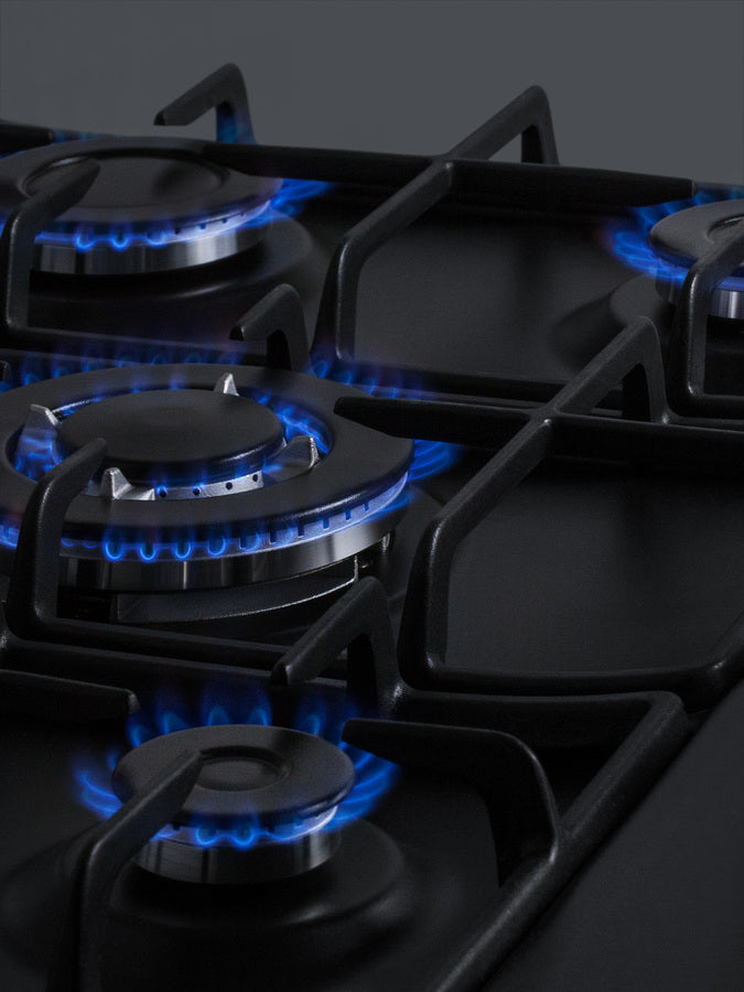 Accucold 5-burner gas cooktop made in Italy in black matte finish with sealed burners, cast iron grates, wok stand, and stainless