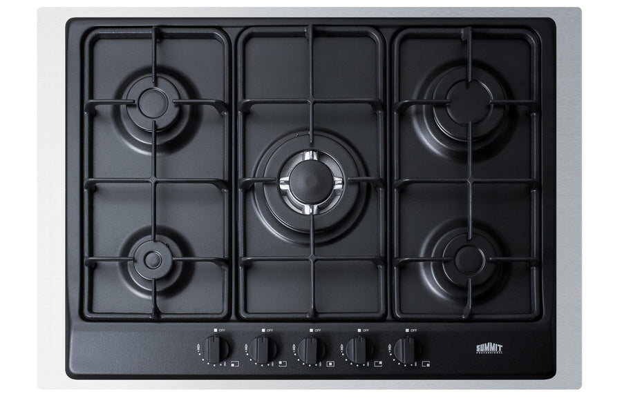 Accucold 5-burner gas cooktop made in Italy in black matte finish with sealed burners, cast iron grates, wok stand, and stainless