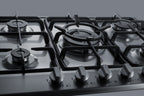 5-burner gas cooktop made in Italy in a stainless steel finish with sealed burners, cast iron grates, and wok stand; fit