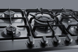 5-burner gas cooktop made in Italy in a stainless steel finish with sealed burners, cast iron grates, and wok stand; fit