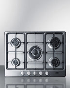 5-burner gas cooktop made in Italy in a stainless steel finish with sealed burners, cast iron grates, and wok stand; fit