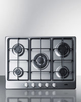 5-burner gas cooktop made in Italy in a stainless steel finish with sealed burners, cast iron grates, and wok stand; fit