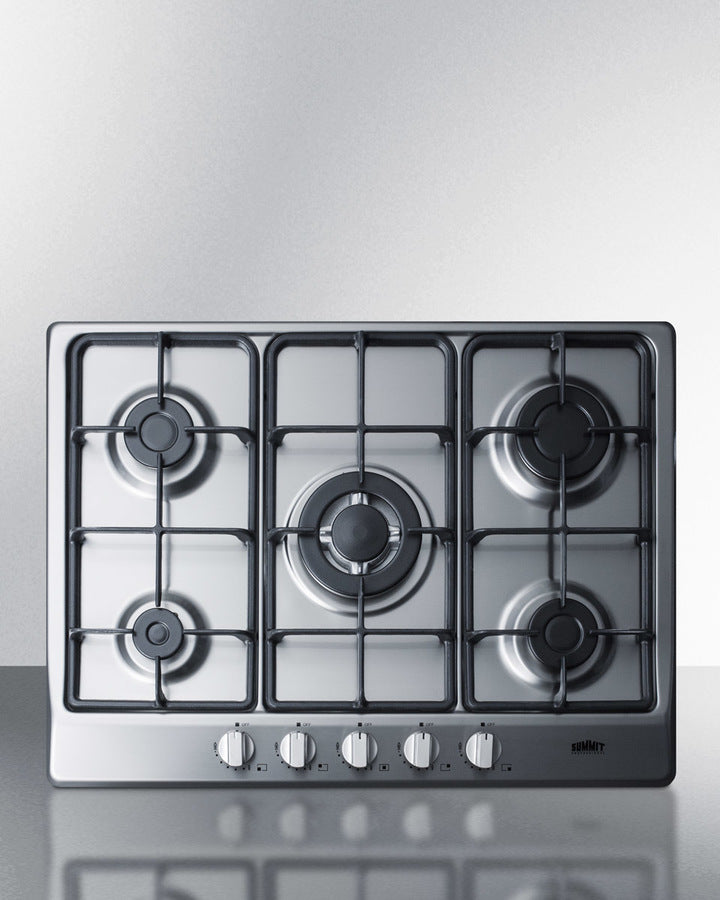 5-burner gas cooktop made in Italy in a stainless steel finish with sealed burners, cast iron grates, and wok stand; fit
