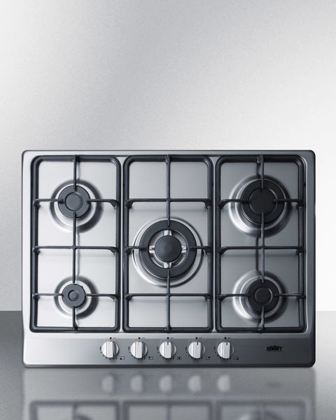 5-burner gas cooktop made in Italy in a stainless steel finish with sealed burners, cast iron grates, and wok stand; fit