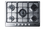 5-burner gas cooktop made in Italy in a stainless steel finish with sealed burners, cast iron grates, and wok stand; fit